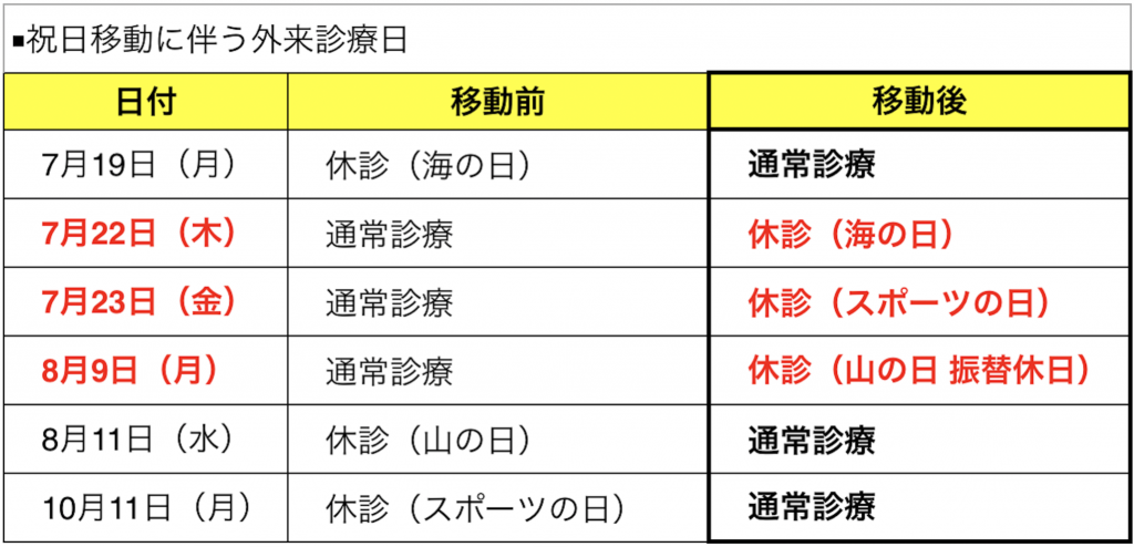 2021年の祝日移動に伴う外来診療日変更について［img-01］